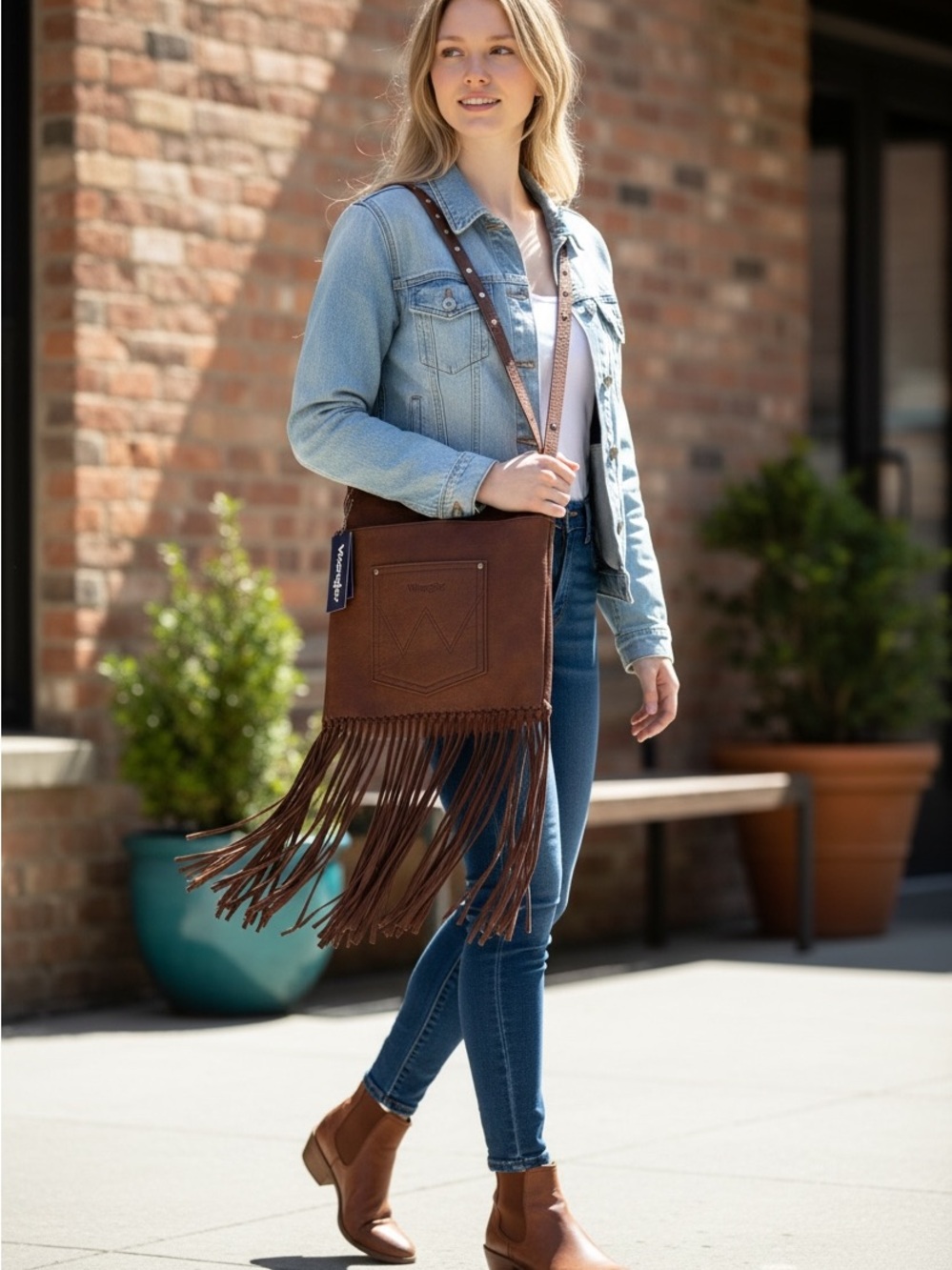 Wrangler Western Fringe Crossbody Bag Brown Studded Turquoise Purse WG61-918